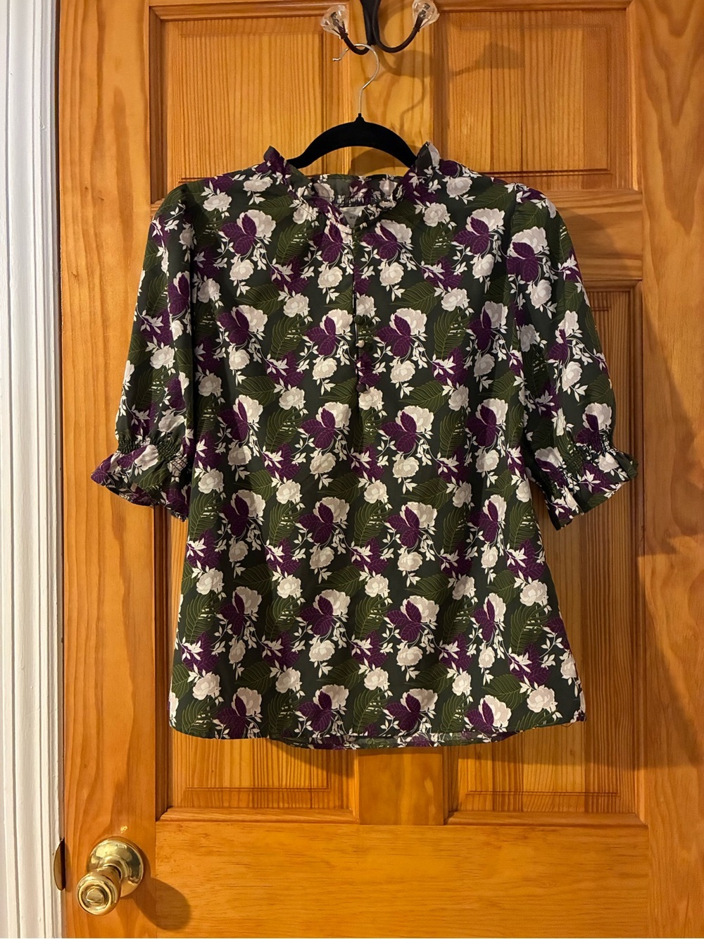 MELLODAY Olive Green Floral Blouse with Purple and White Flowers